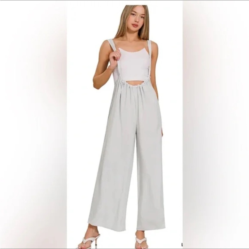 Zenana Woven Tie Back Suspender Jumpsuit White Sizes S,M,L New